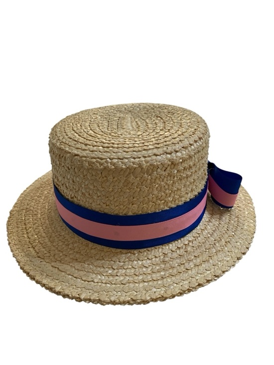 Scala Women\'s Gondola Natural Straw Boater Hat with Pink and Blue Lace‎ Size L
